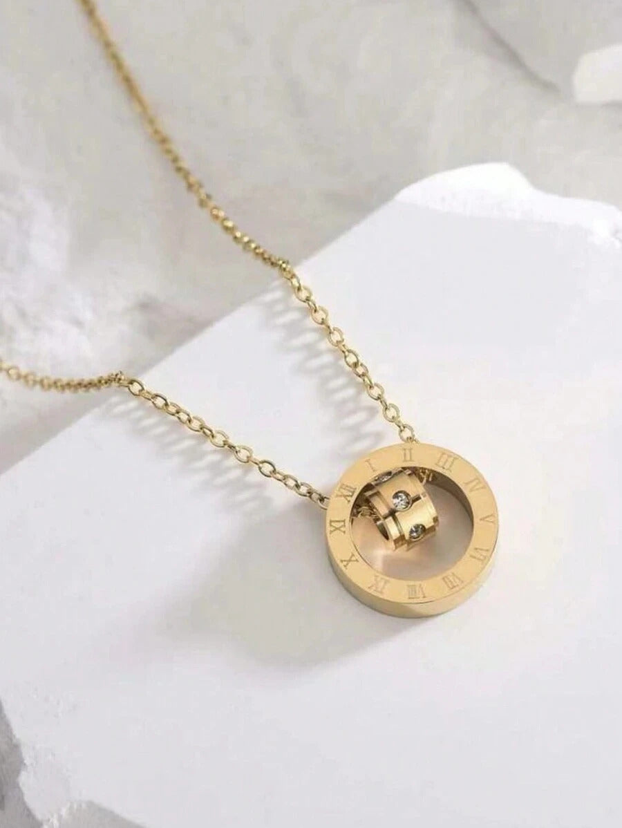 1個 ファッション ステンレス鋼 キュービックジルコニア デコレーション ローマ数字ディテール 円形ペンダント 女性用 日常の装飾用 ネックレス