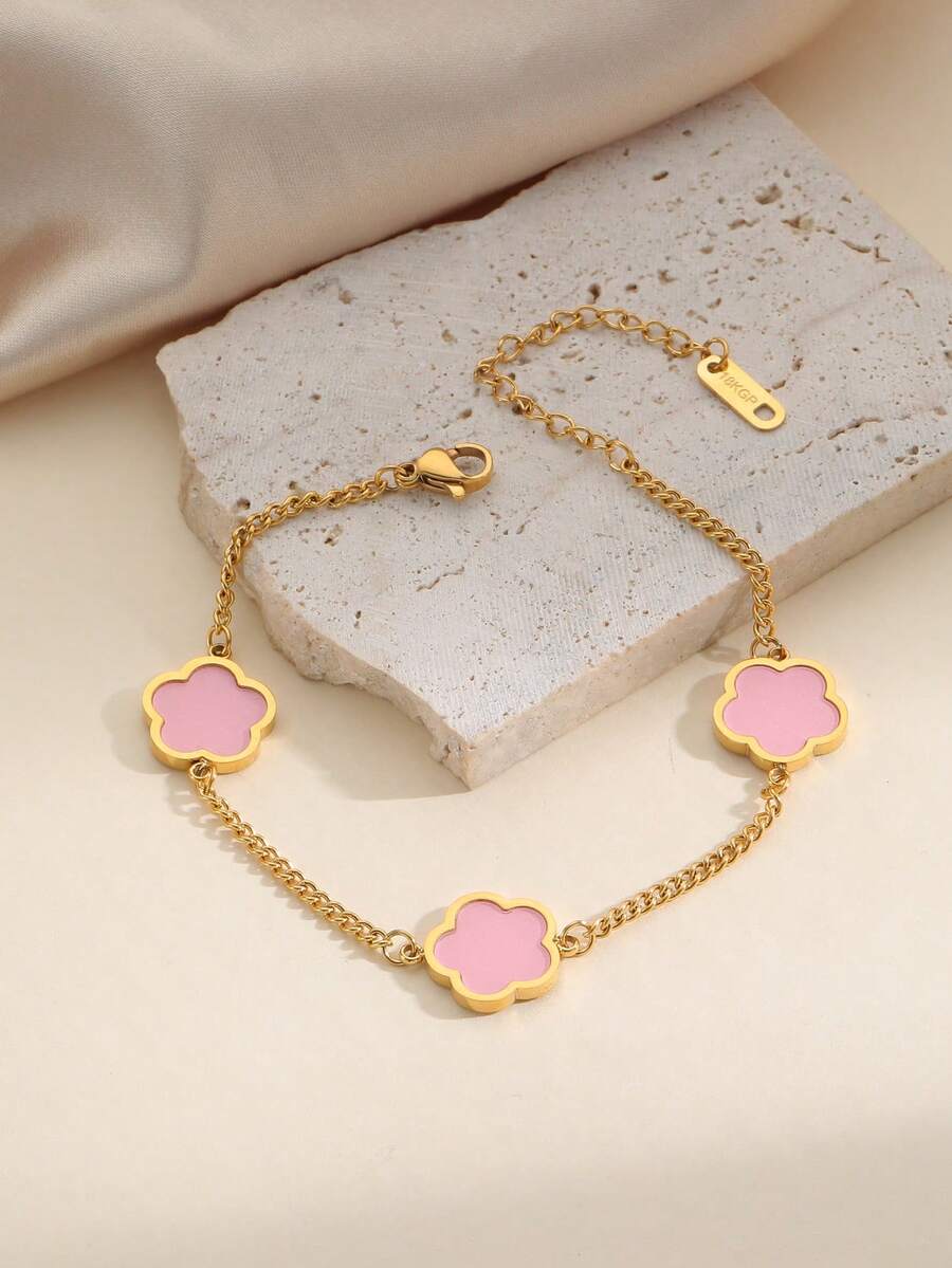 パーソナリティジュエリー ステンレススチールゴールドコーティング 5枚葉の花モチーフ ブレスレット 女性用 多色展開 光沢感あり おしゃれなデザイン フォーマルなシーンや普段でも活躍