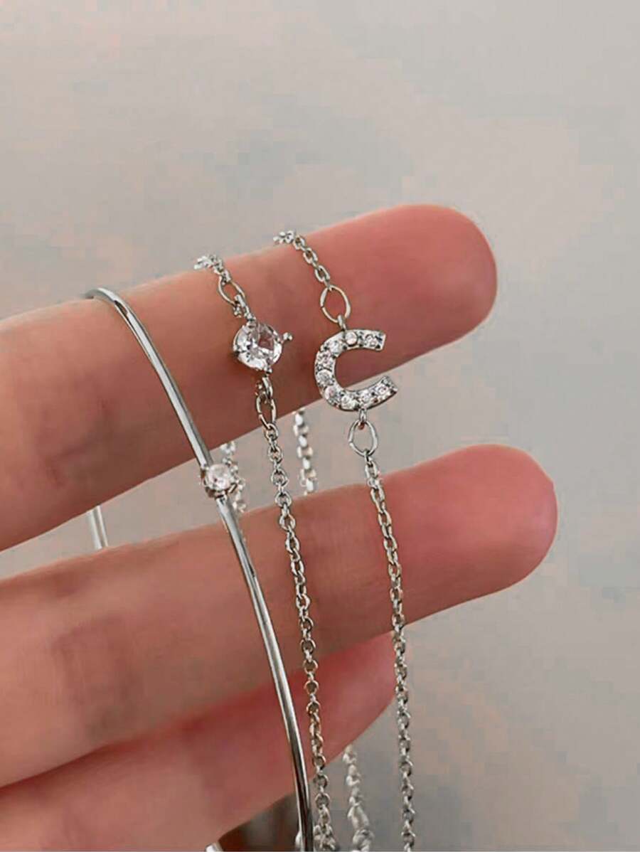 シンプルでエレガントなライトラグジュアリー馬蹄型鉄製ダイヤモンド インレイ プレーンリング ブレスレットセット、女性の日常着に適しています(水に触れないでください)