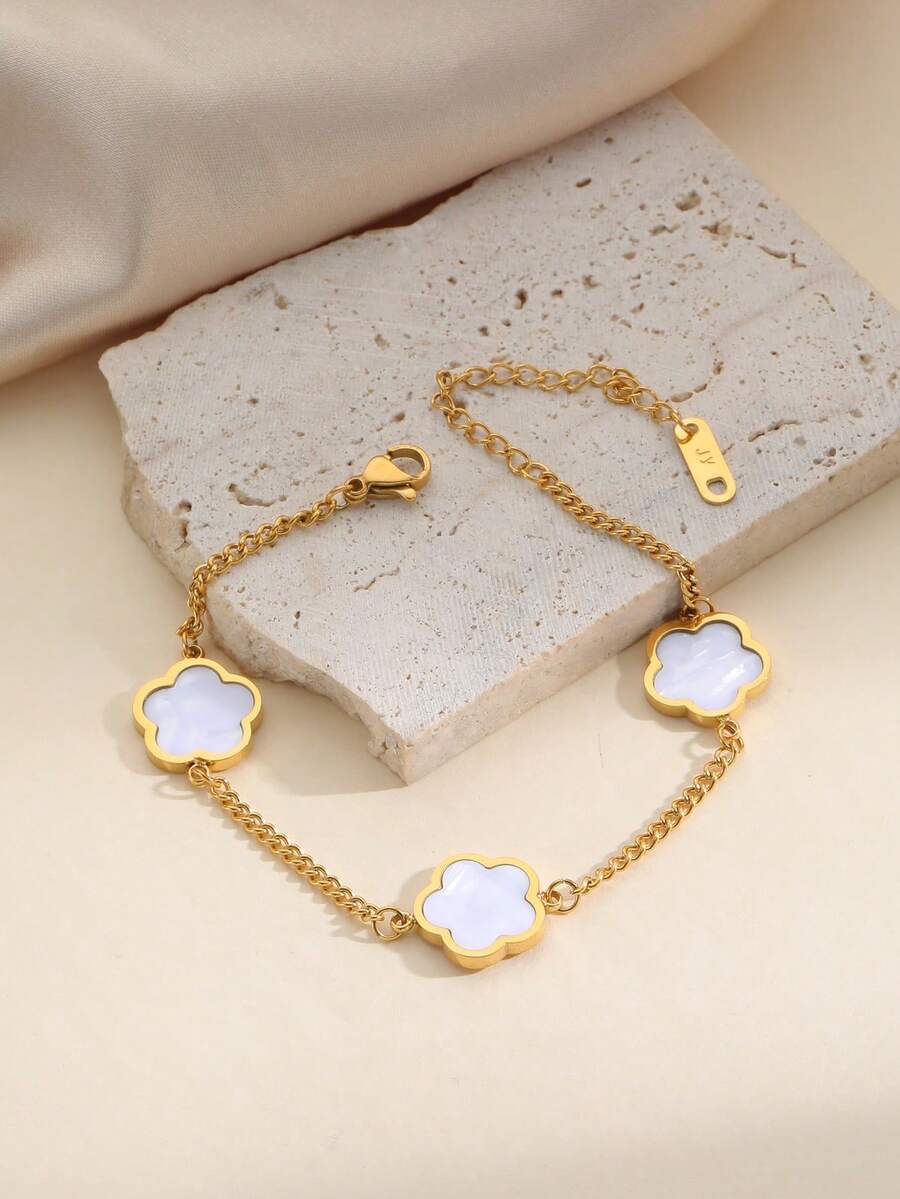 パーソナリティジュエリー ステンレススチールゴールドコーティング 5枚葉の花モチーフ ブレスレット 女性用 多色展開 光沢感あり おしゃれなデザイン フォーマルなシーンや普段でも活躍