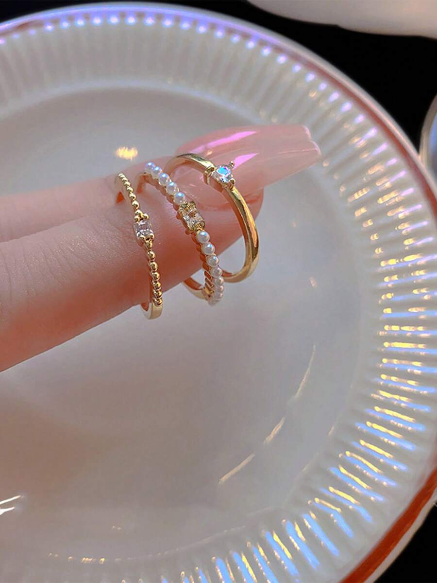 セット ファッショナブル キュービックジルコニア ハート&フェイクパールデコレーションカフリング レディース 日常使い バレンタイン