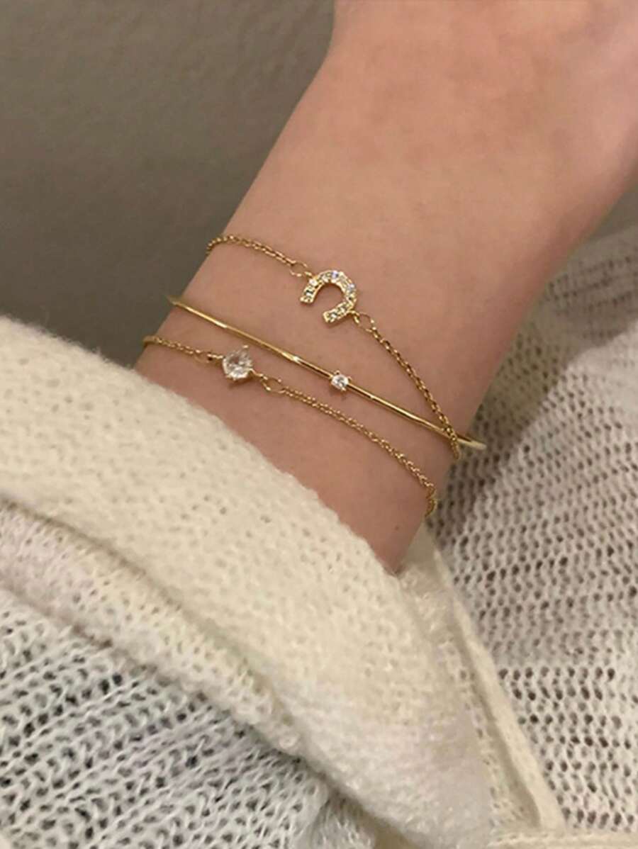 シンプルでエレガントなライトラグジュアリー馬蹄型鉄製ダイヤモンド インレイ プレーンリング ブレスレットセット、女性の日常着に適しています(水に触れないでください)