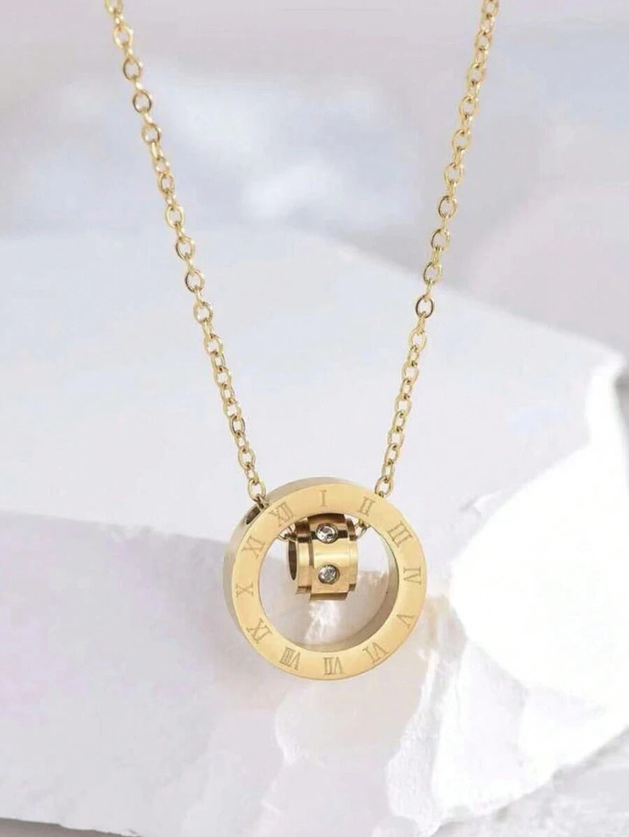 ステンレス製ペンダントネックレス ローマ風ダブルリング、キュービックジルコニア装飾 1個入り