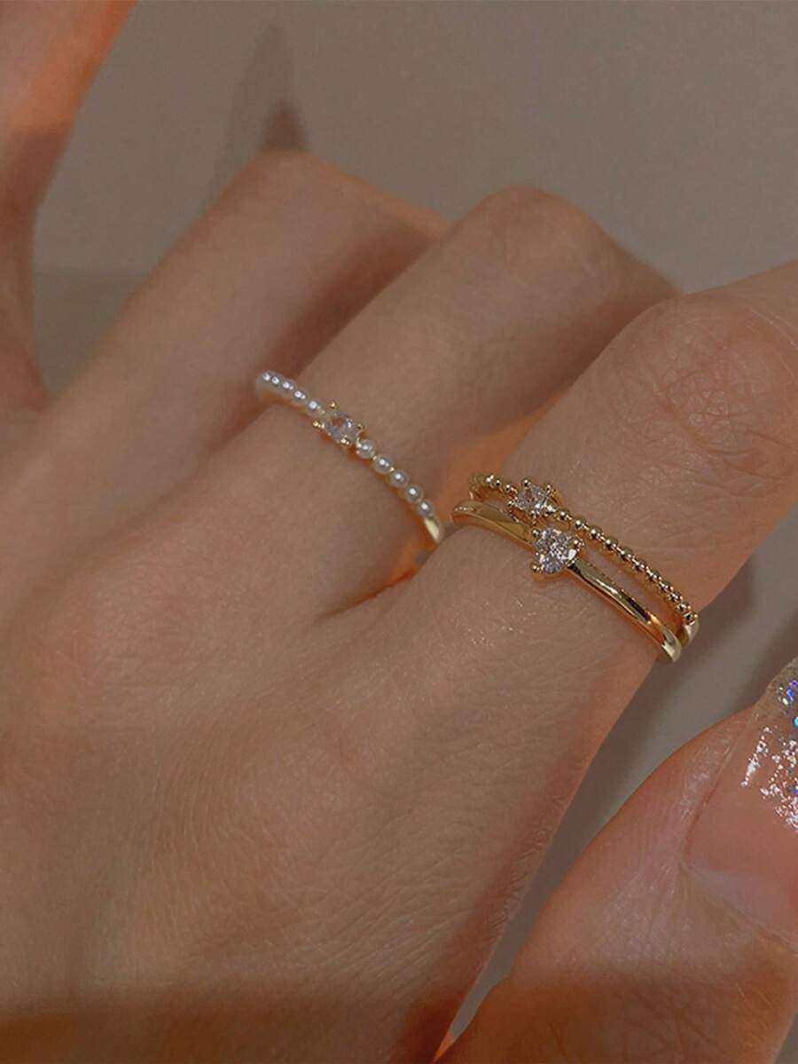 セット ファッショナブル キュービックジルコニア ハート&フェイクパールデコレーションカフリング レディース 日常使い バレンタイン