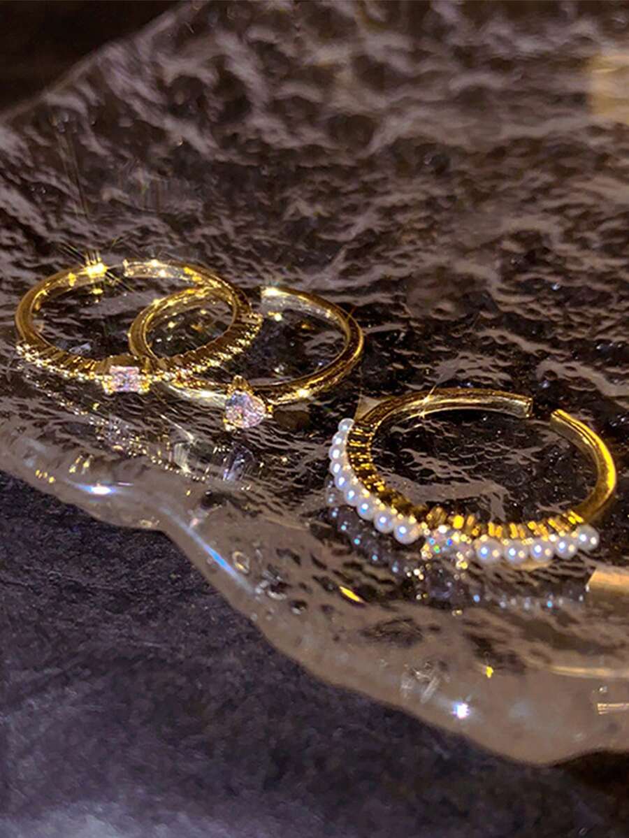 セット ファッショナブル キュービックジルコニア ハート&フェイクパールデコレーションカフリング レディース 日常使い バレンタイン