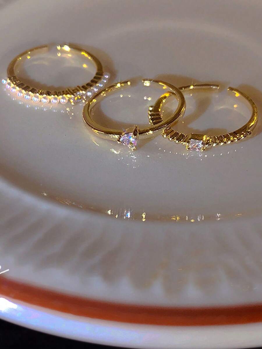 セット ファッショナブル キュービックジルコニア ハート&フェイクパールデコレーションカフリング レディース 日常使い バレンタイン